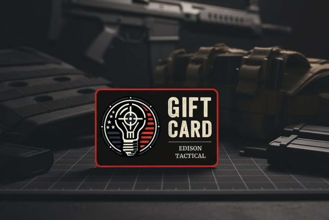 Edison Tactical digital gift card featuring the light bulb target logo on a black background with tactical gear.
