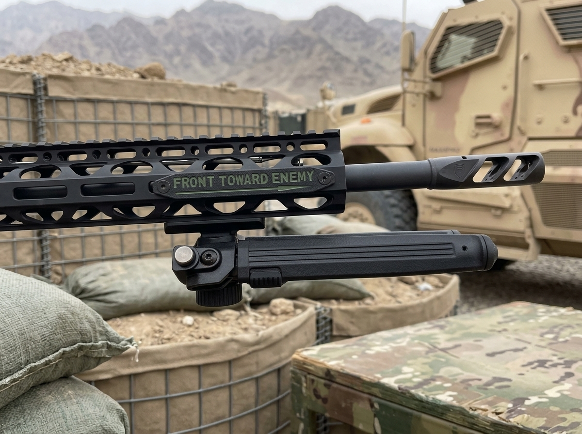 Black and OD Green Claymore M-LOK Rail Cover with "Front Toward Enemy" markings on a tactical rifle