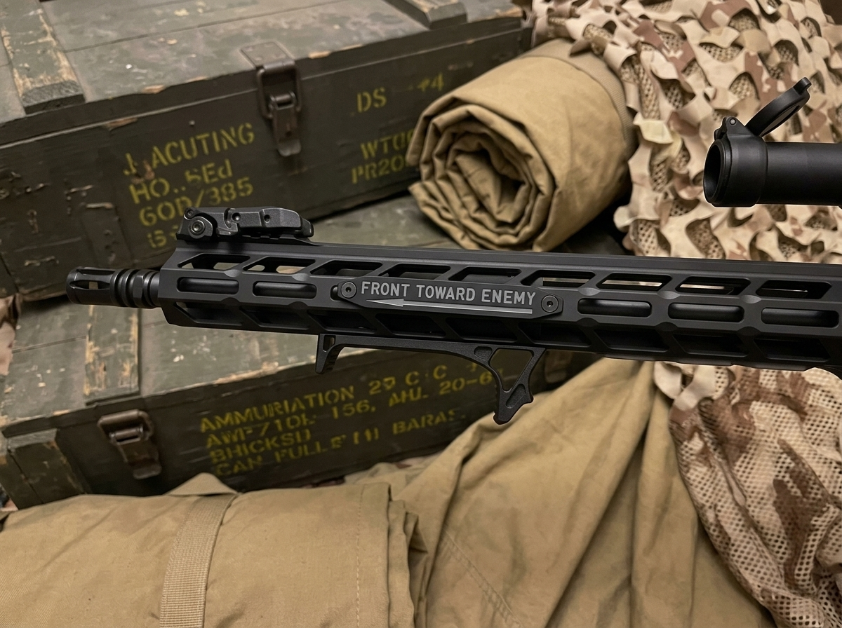Black and grey Claymore M-LOK Rail Cover with "Front Toward Enemy" markings on a tactical rifle