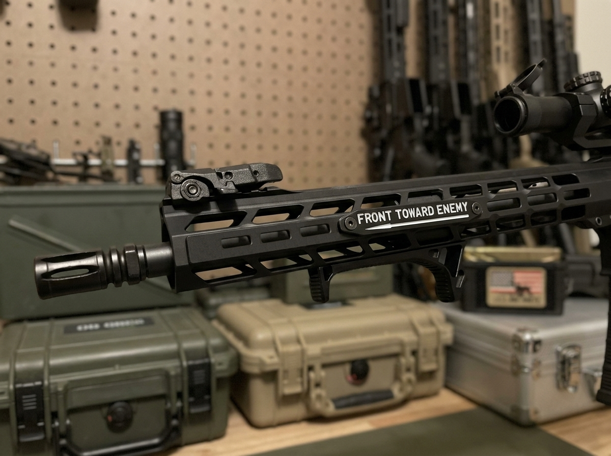 Black and white Claymore M-LOK Rail Cover with "Front Toward Enemy" markings on a tactical rifle