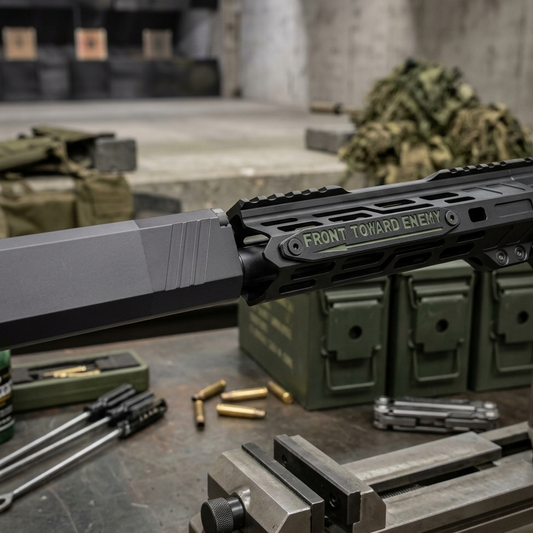 Black and OD Green Claymore M-LOK Rail Cover with "Front Toward Enemy" markings on a tactical rifle