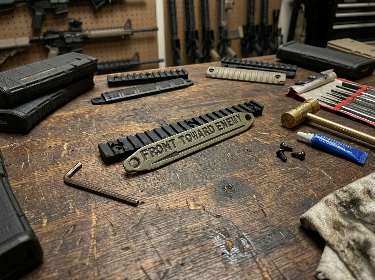 OD Green and black Claymore M-LOK Rail Cover with "Front Toward Enemy" markings on a tactical rifle