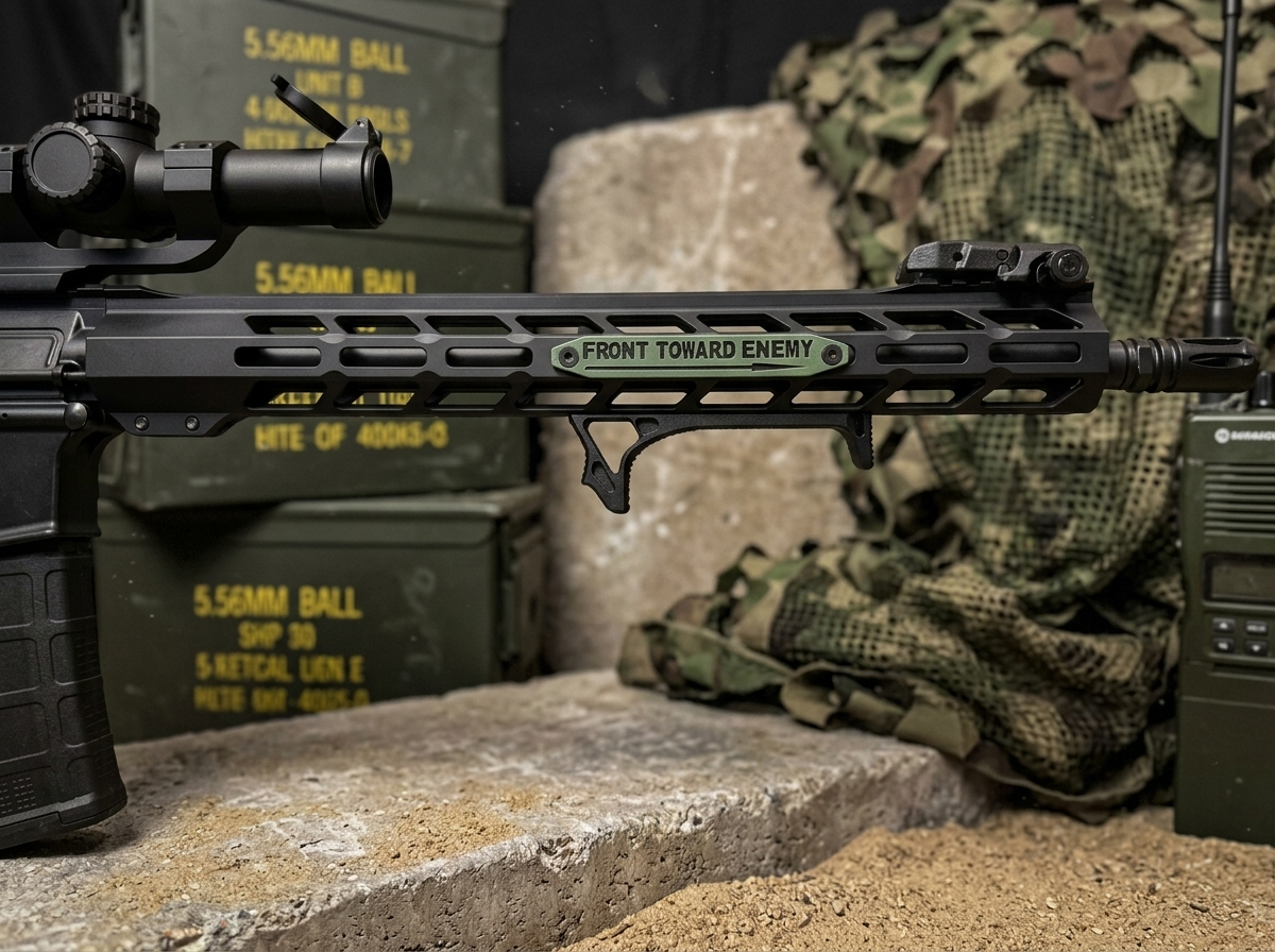 OD Green and black Claymore M-LOK Rail Cover with "Front Toward Enemy" markings on a tactical rifle